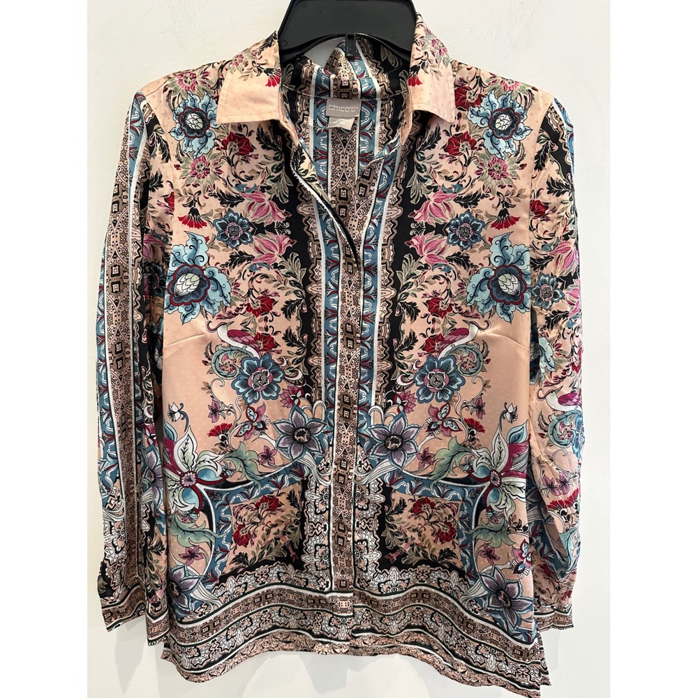Chicos Floral Paisley Border Print Button Down Shirt Size 0 US 4/6 Pink Teal